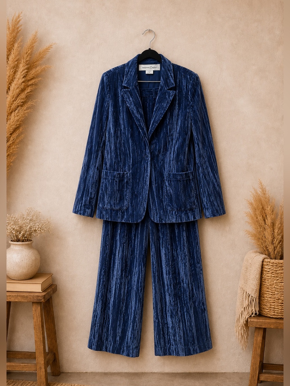 NWOT- Treasure & Bond Blue Crushed Velvet Oversized Pant Suit Wide Leg. Sz 12